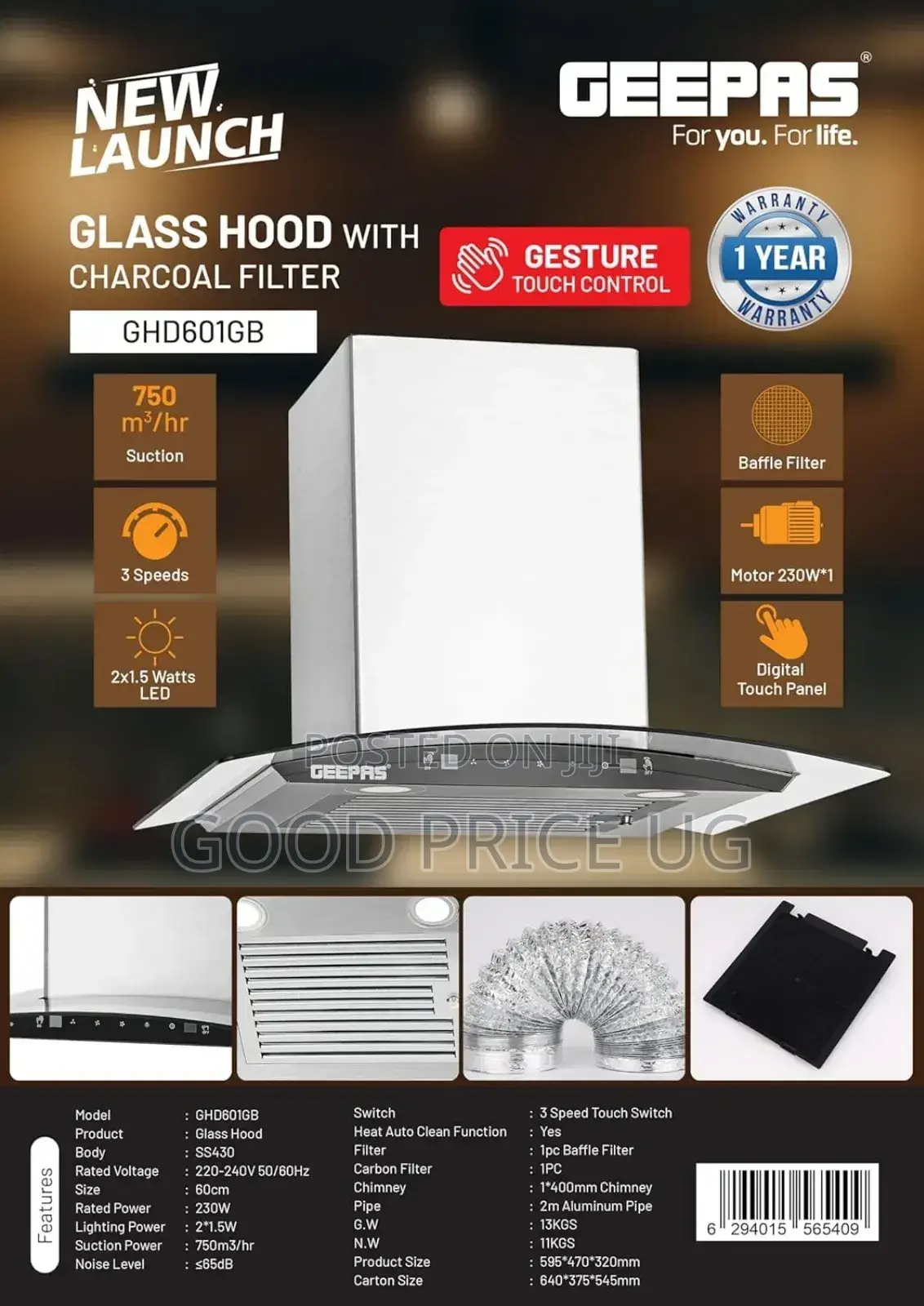 60 Cm Geepas Chimney Hood.