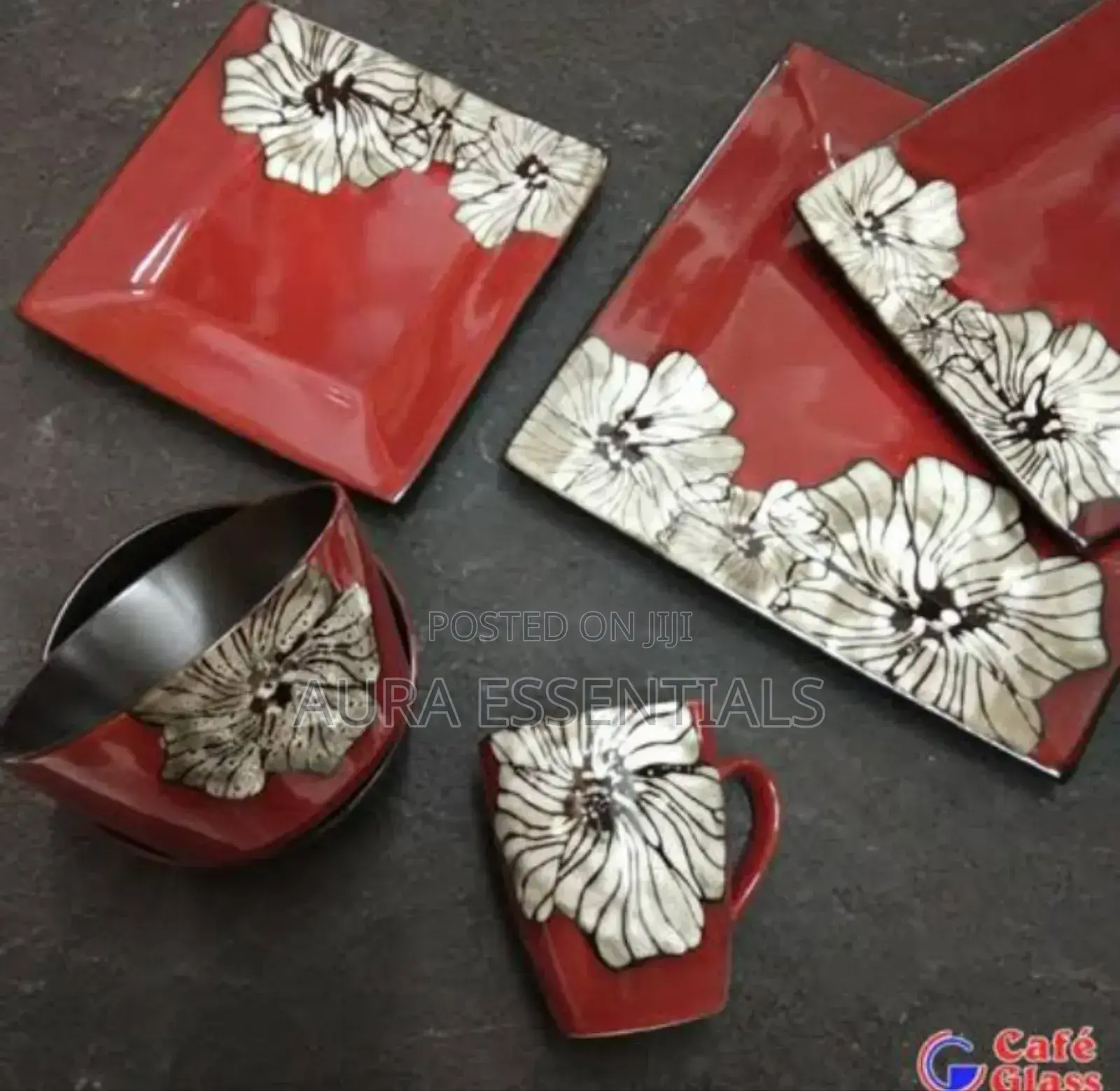 18pcs Dinner Set Red With Flower Acent