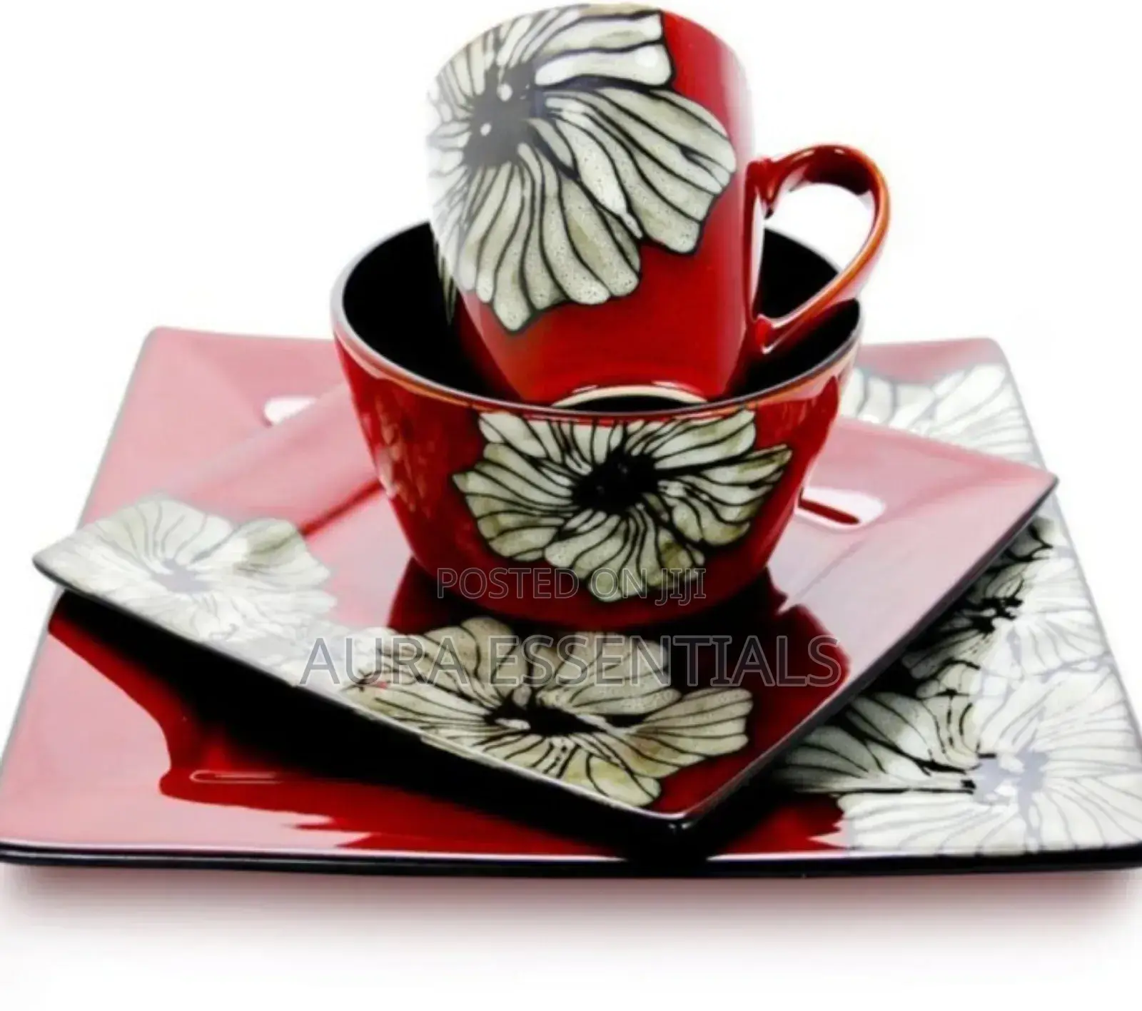 18pcs Dinner Set Red With Flower Acent