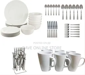 49pc Ceramic Plates Cups Cutlery Set- White