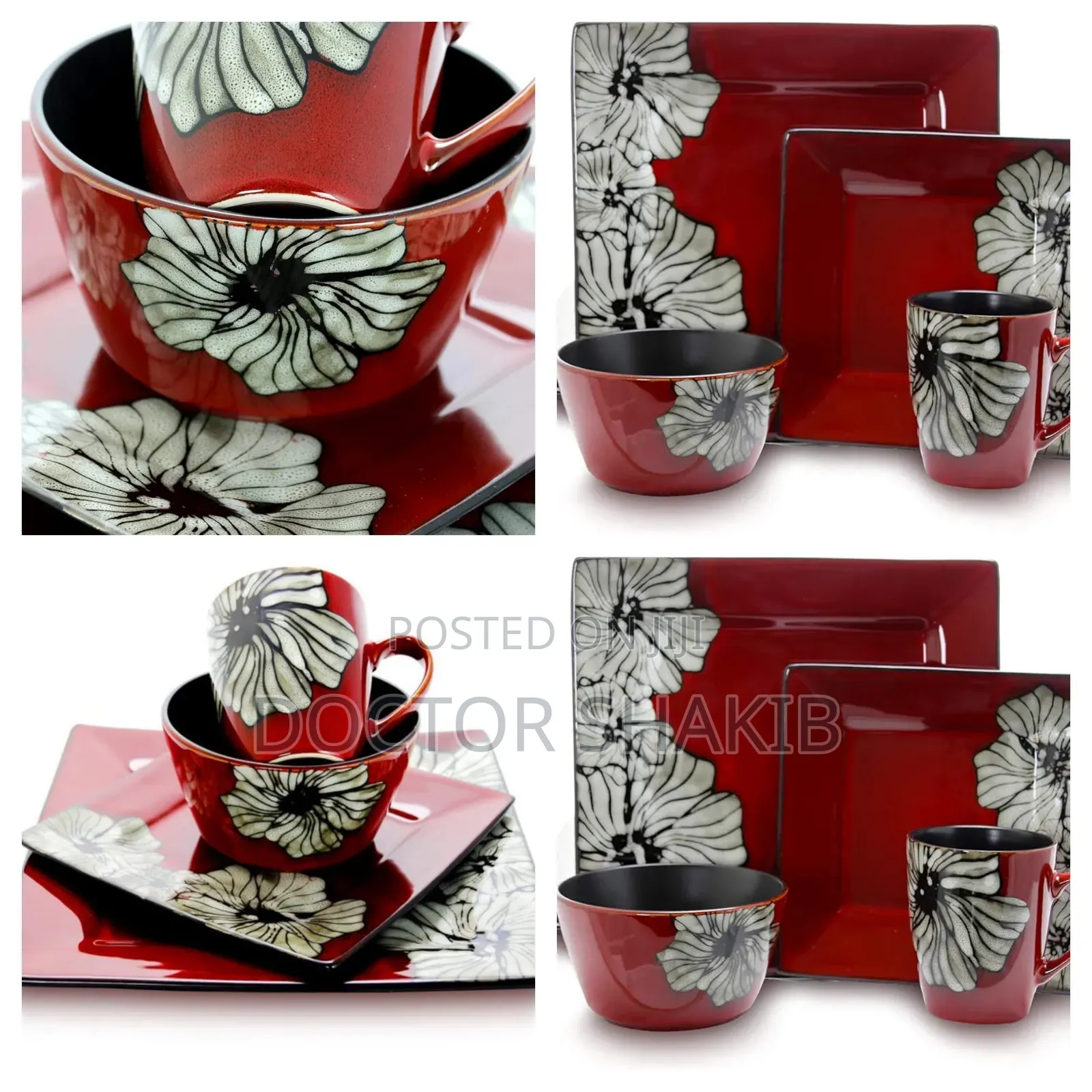 New 18pcs Dinner Set Red With Flower Accent