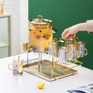 Cold Gold Glass Juice Tap Tank Dispenser WTH Tray 6cups