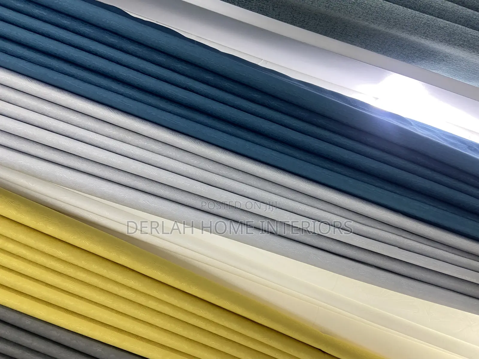 Quality Curtain Fabric in Yellow Blue and Light Grey