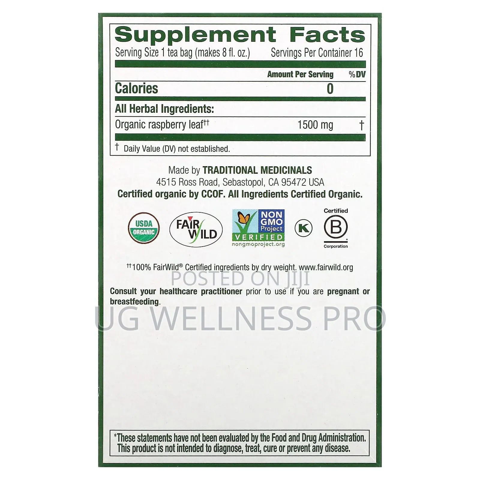 Organic Raspberry Leaf Caffeine Free 16 Wrapped Tea Bags 24g