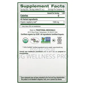 Organic Raspberry Leaf Caffeine Free 16 Wrapped Tea Bags 24g