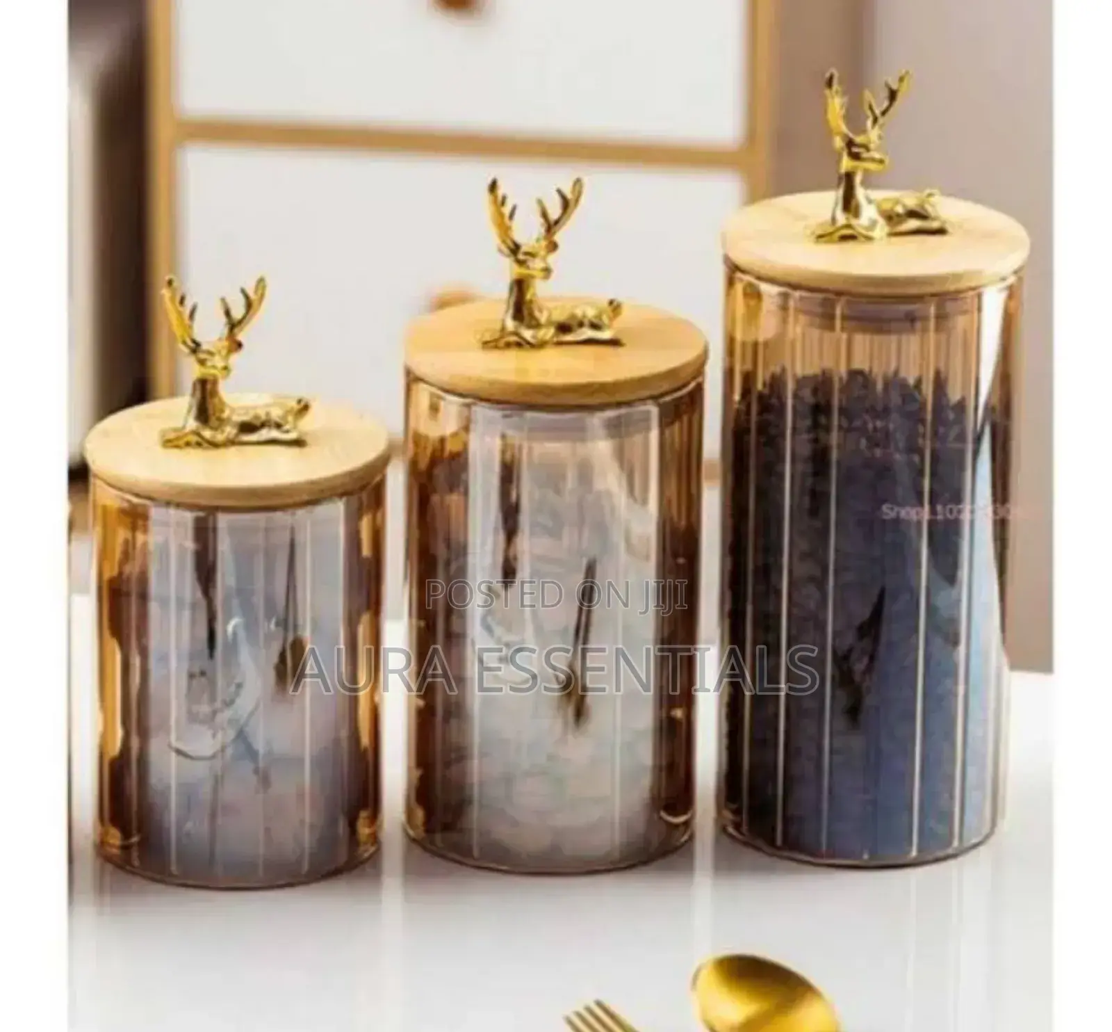 3pcs Corrugated Glass Jar With Wooden Lid Deer Shape
