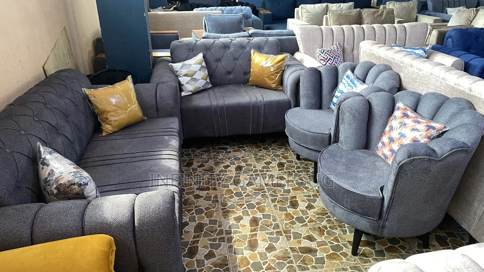 A Unique Sofa Set in Gray Color Readily Available.