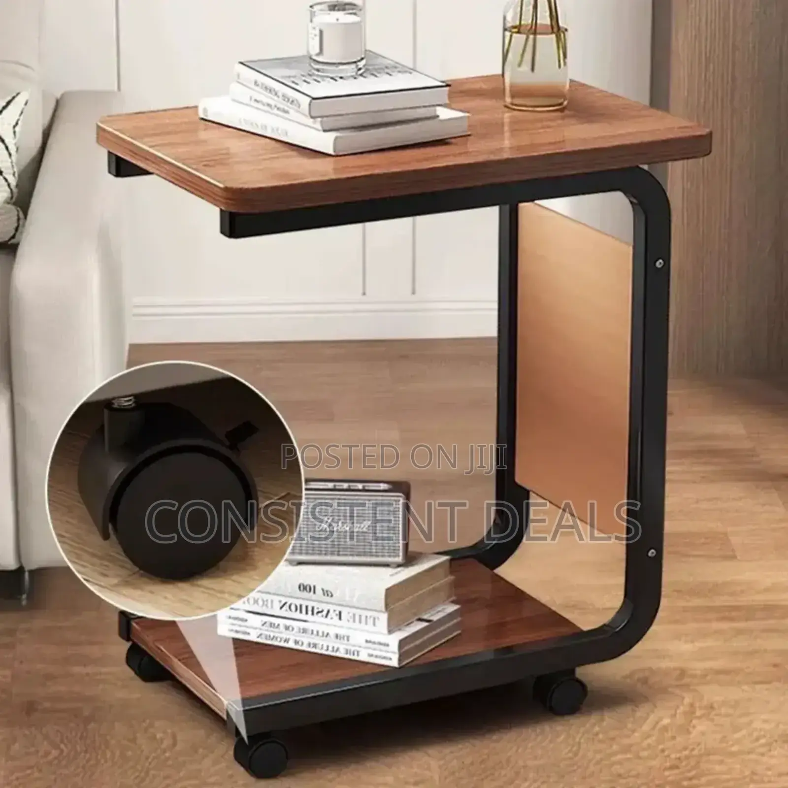C-Shaped Side Coffee Table With Wheels