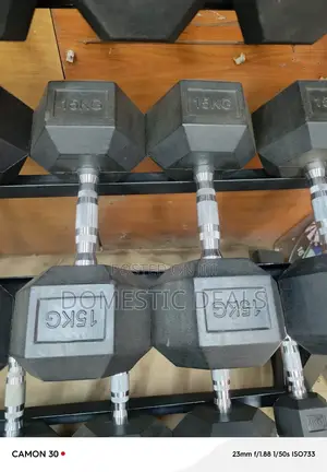 Pair of 15kg Hex Black Dumbells
