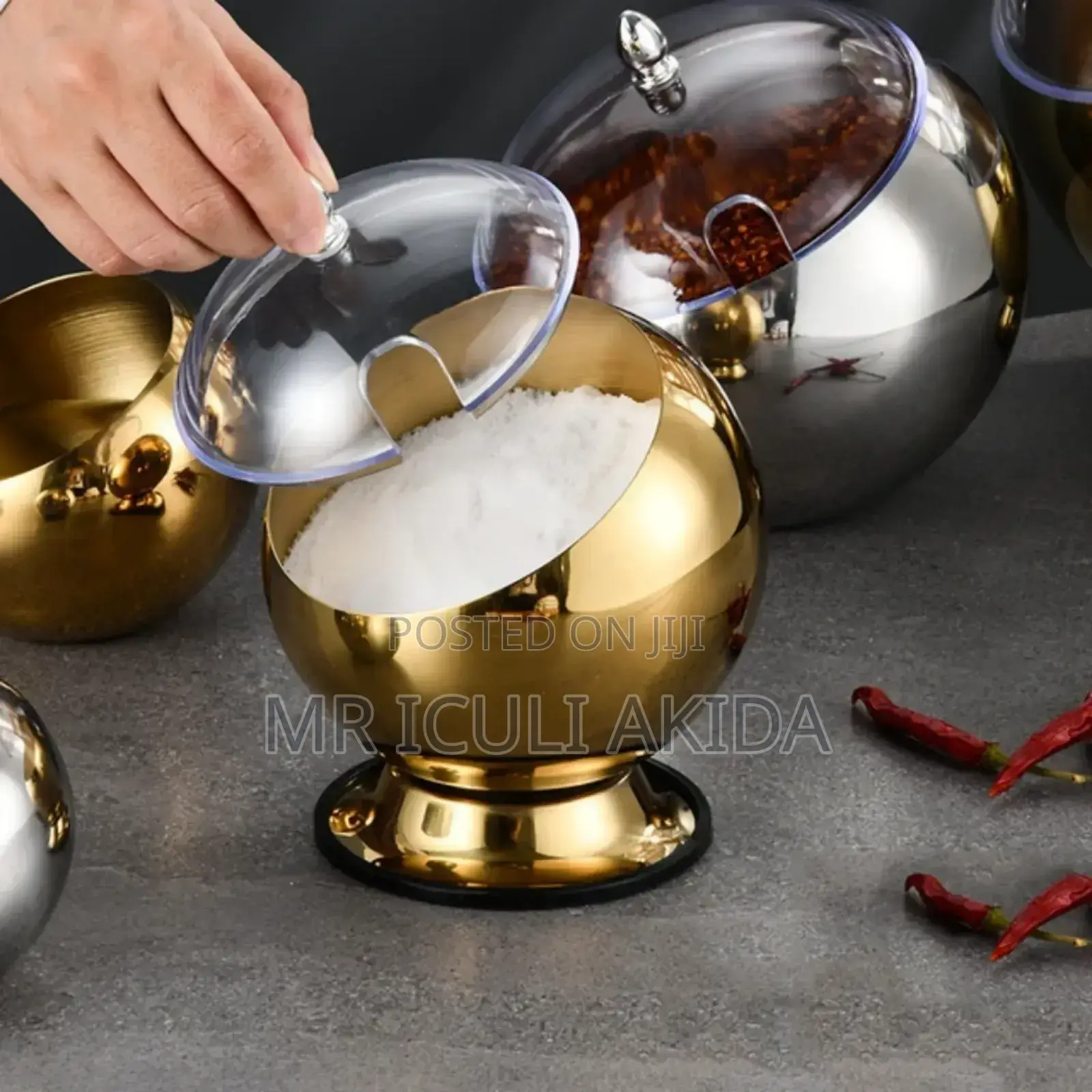 Spherical Stainless Steel Seasoning Bowl Jar Pot Cup WTH Lid
