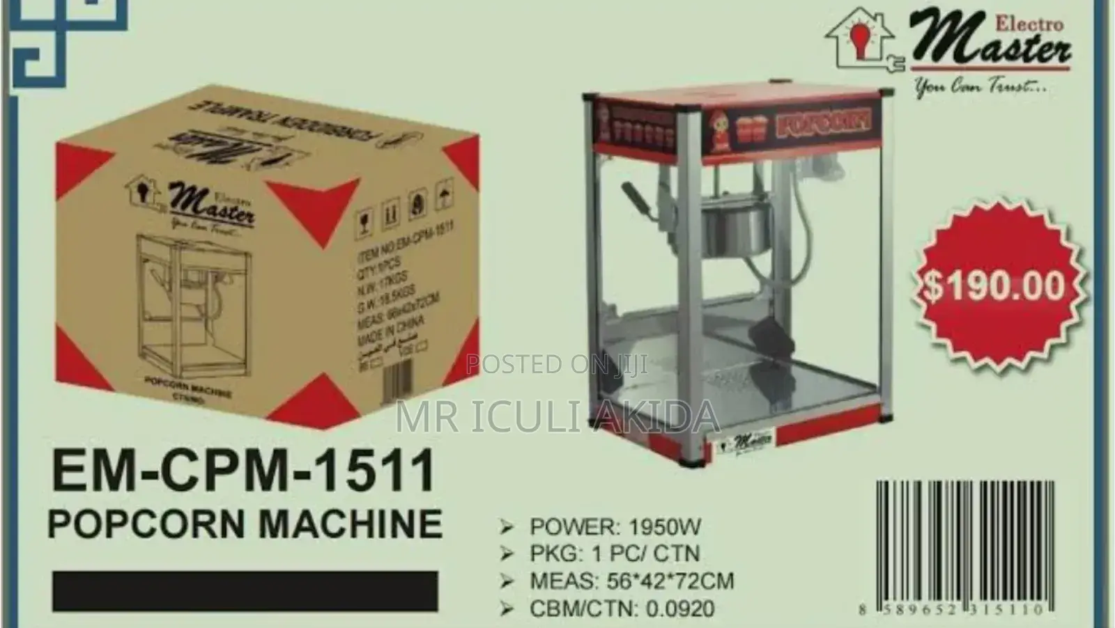 Electro Master Commercial Electric Popcorn Maker Machine