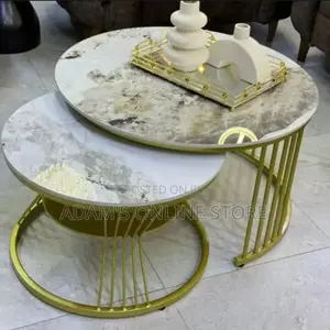 Round Metal Center Table With Gold Stand and Marble on Top