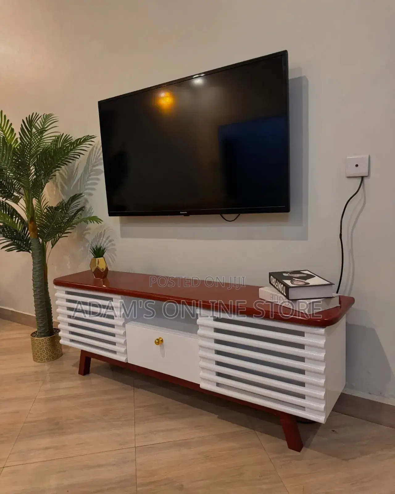 White and Brown Stripped Tv Stand Unit