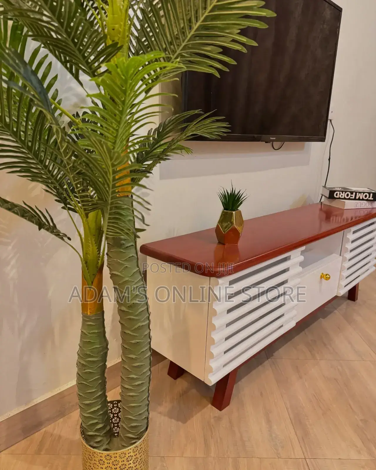 White and Brown Stripped Tv Stand Unit
