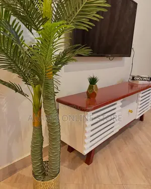 White and Brown Stripped Tv Stand Unit