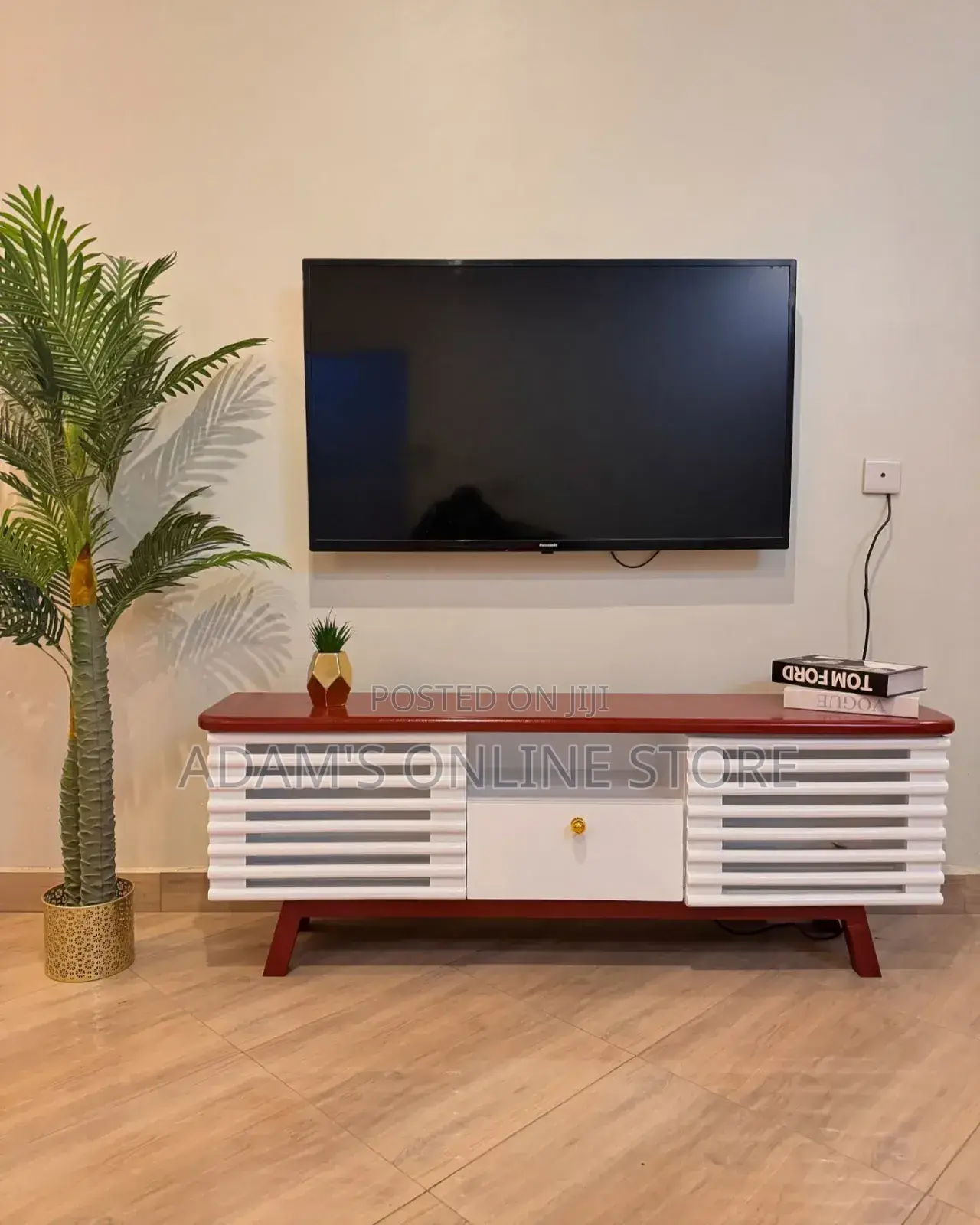 White and Brown Stripped Tv Stand Unit