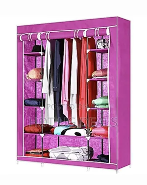 3 Column Metallic Cloth Frame Portable Wardrobe – Pink
