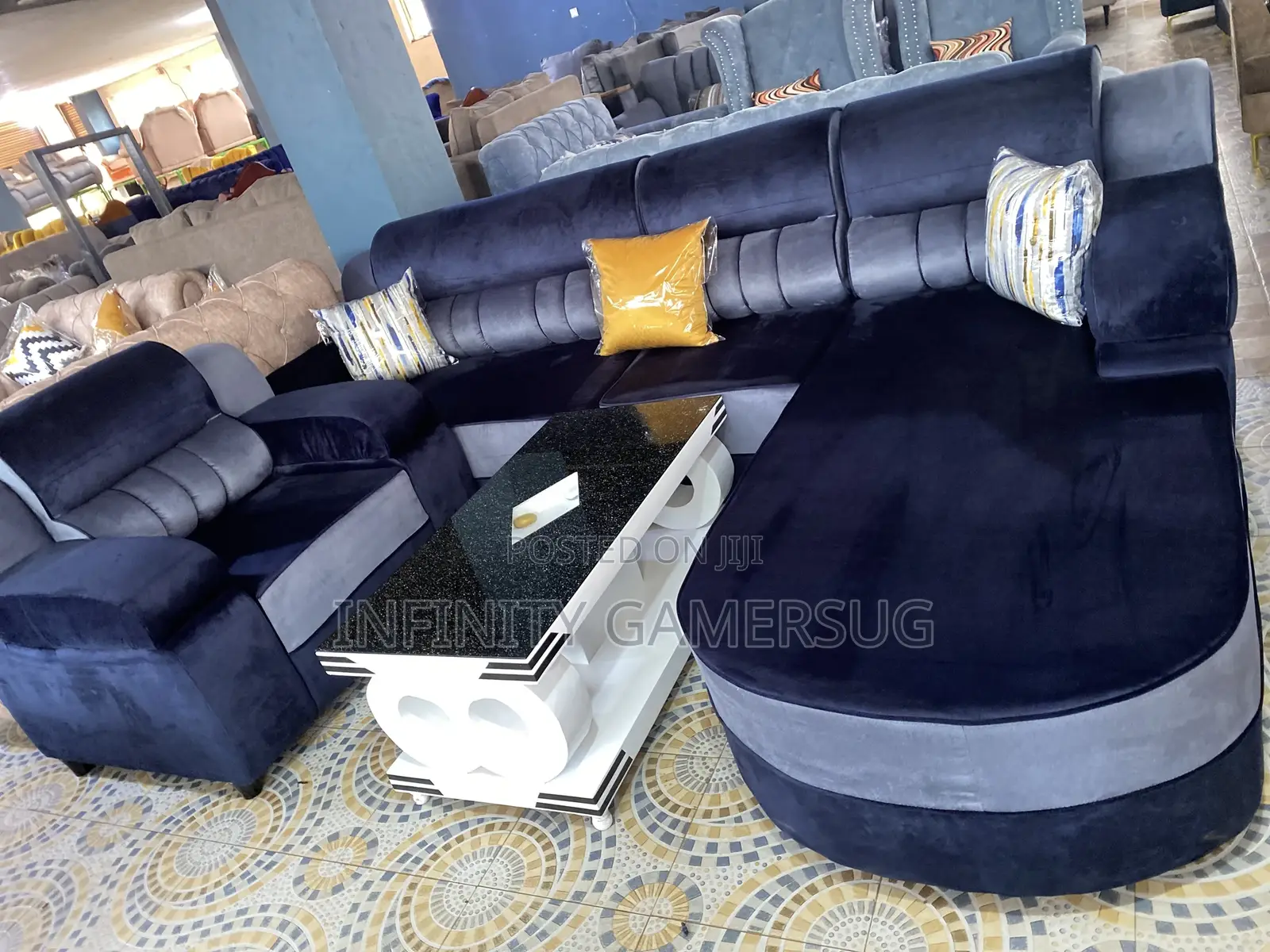 L Sofa Bed in Mixed Gray and Dark Blue Readily Available