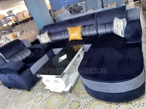 L Sofa Bed in Mixed Gray and Dark Blue Readily Available