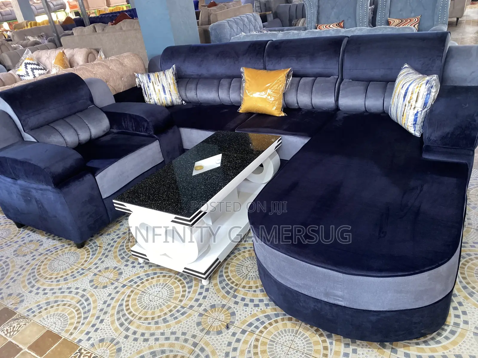 L Sofa Bed in Mixed Gray and Dark Blue Readily Available