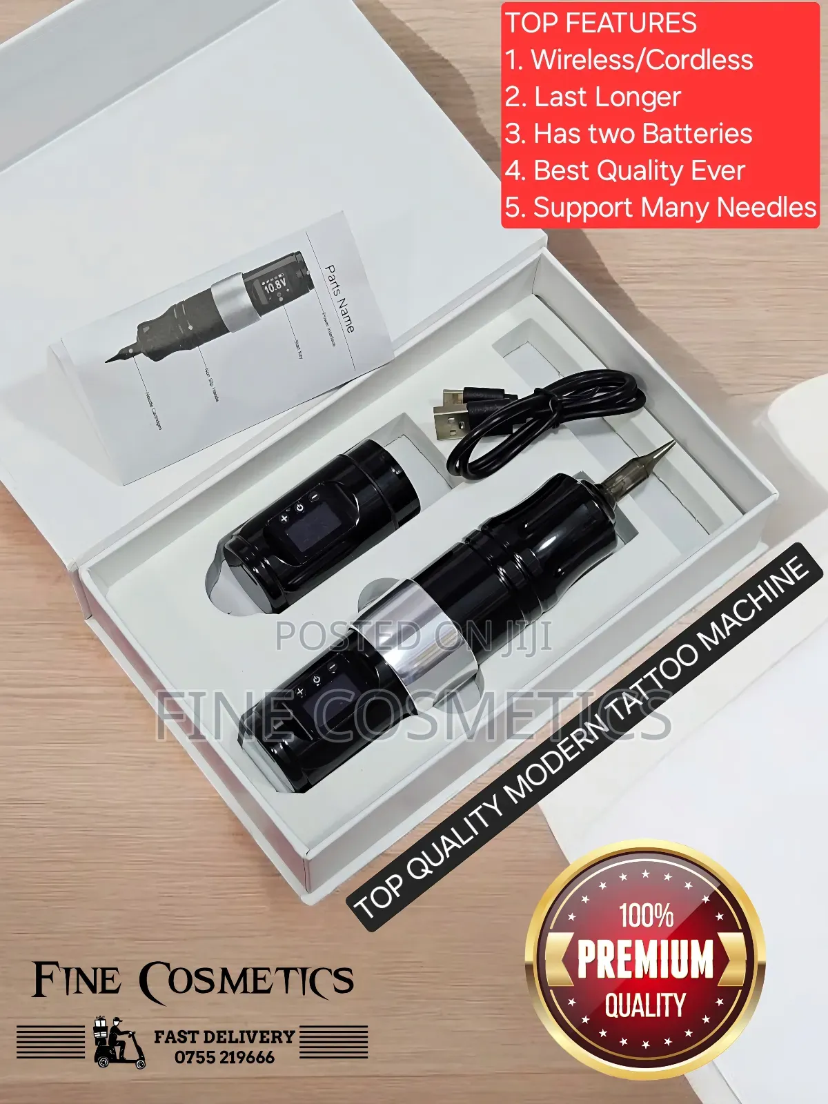 2 Batteries, Top Quality Rechargeable Wireless Tattoo Machine Gun