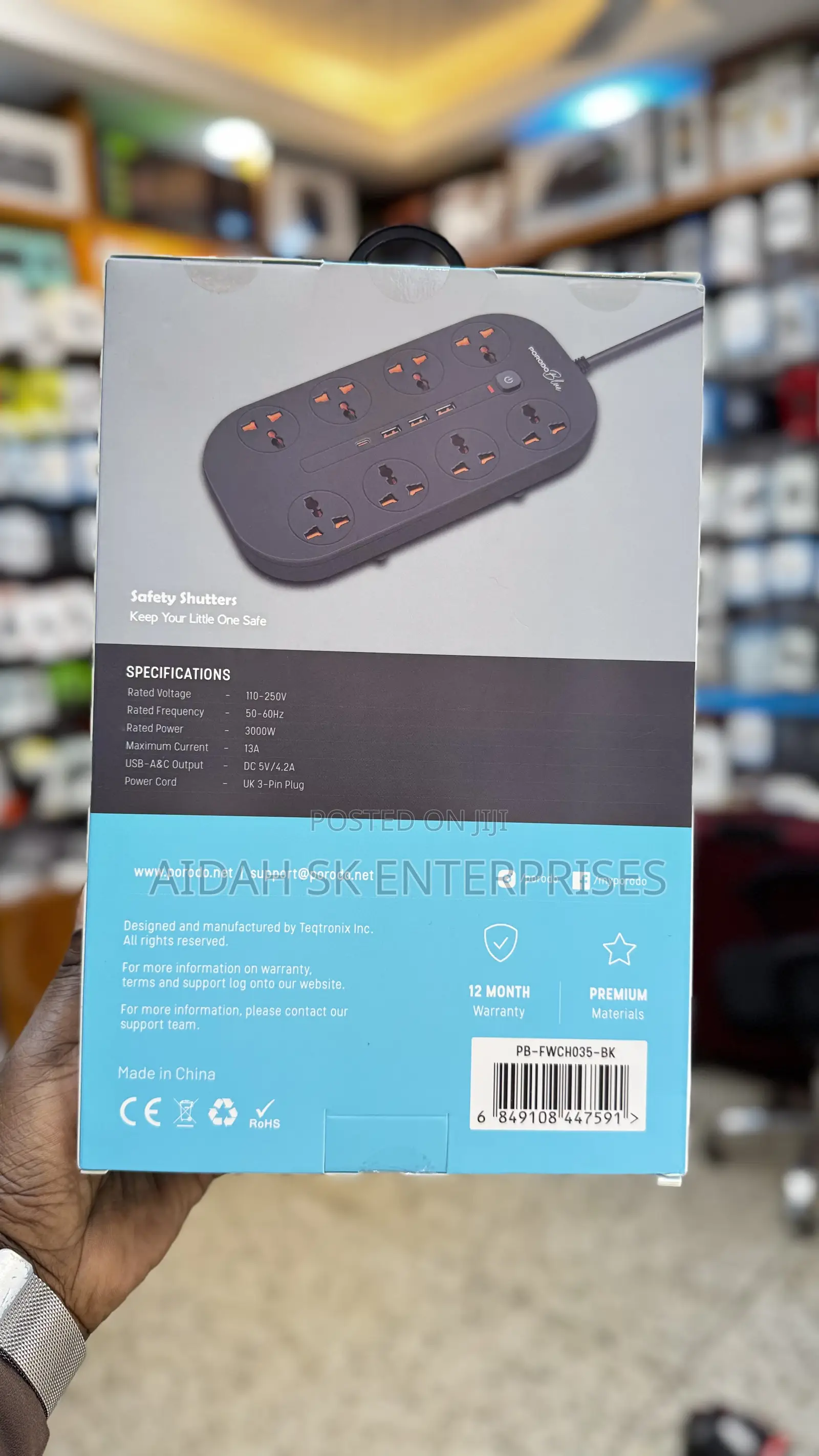 Porodo Blue 8 AC Power Strip - Black