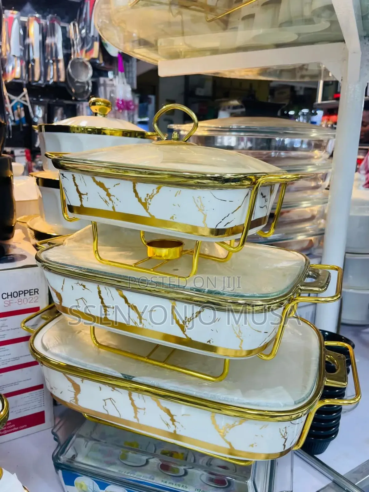 3-Piece Chafing Dish Set | Golden Ceramic Chafer With Marble