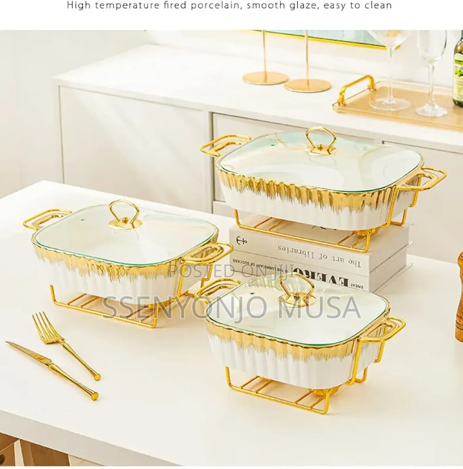 3-Piece Chafing Dish Set | Golden Ceramic Chafer With Marble