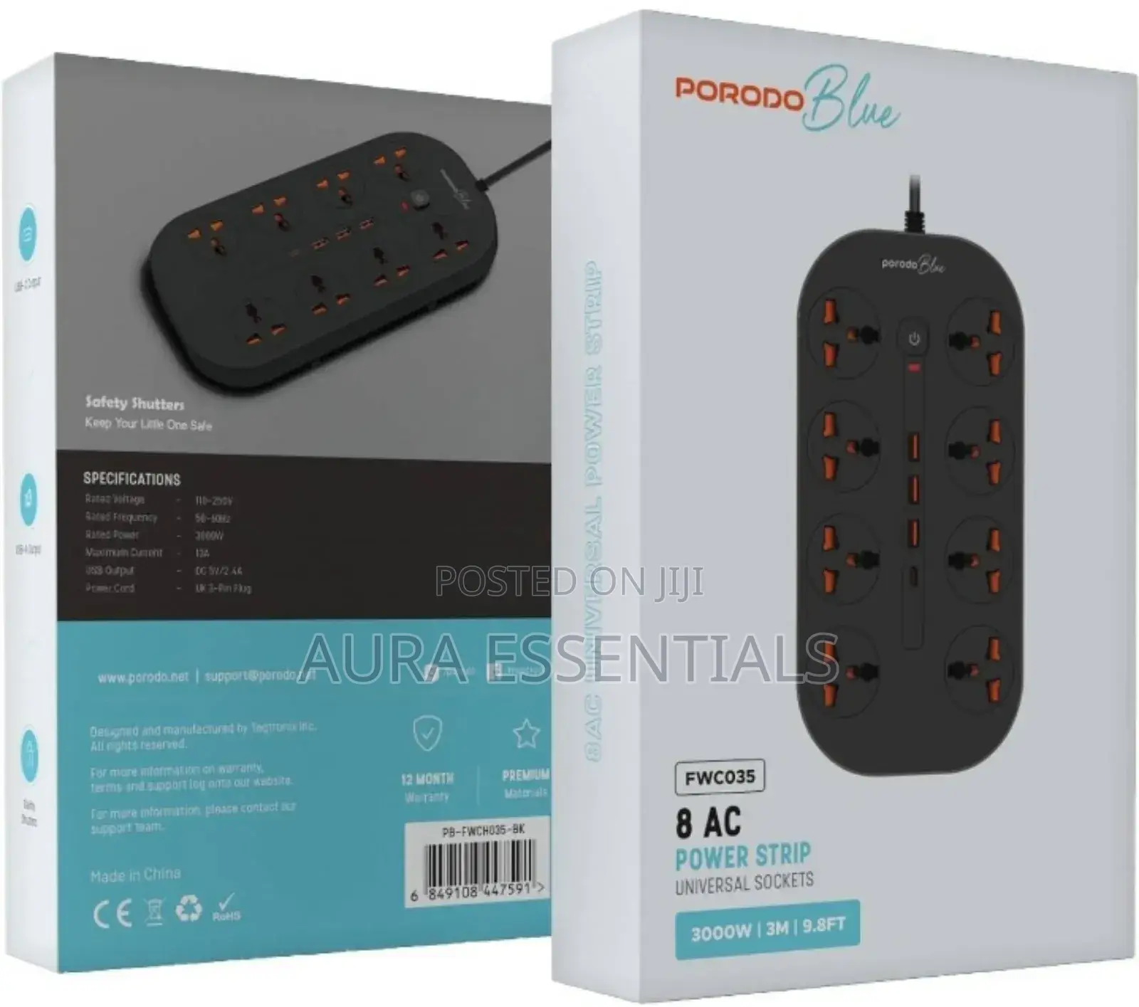 PORODO Blue 8 AC Power Strip Universal Socket