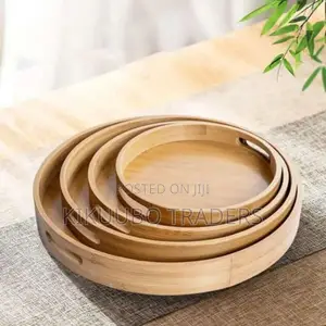 Set of 4 Bamboo Wood Natural Round Party Bar Trays
