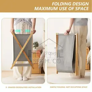 Foldable Laundry Basket Bag With Wooden Stand Storage Bin
