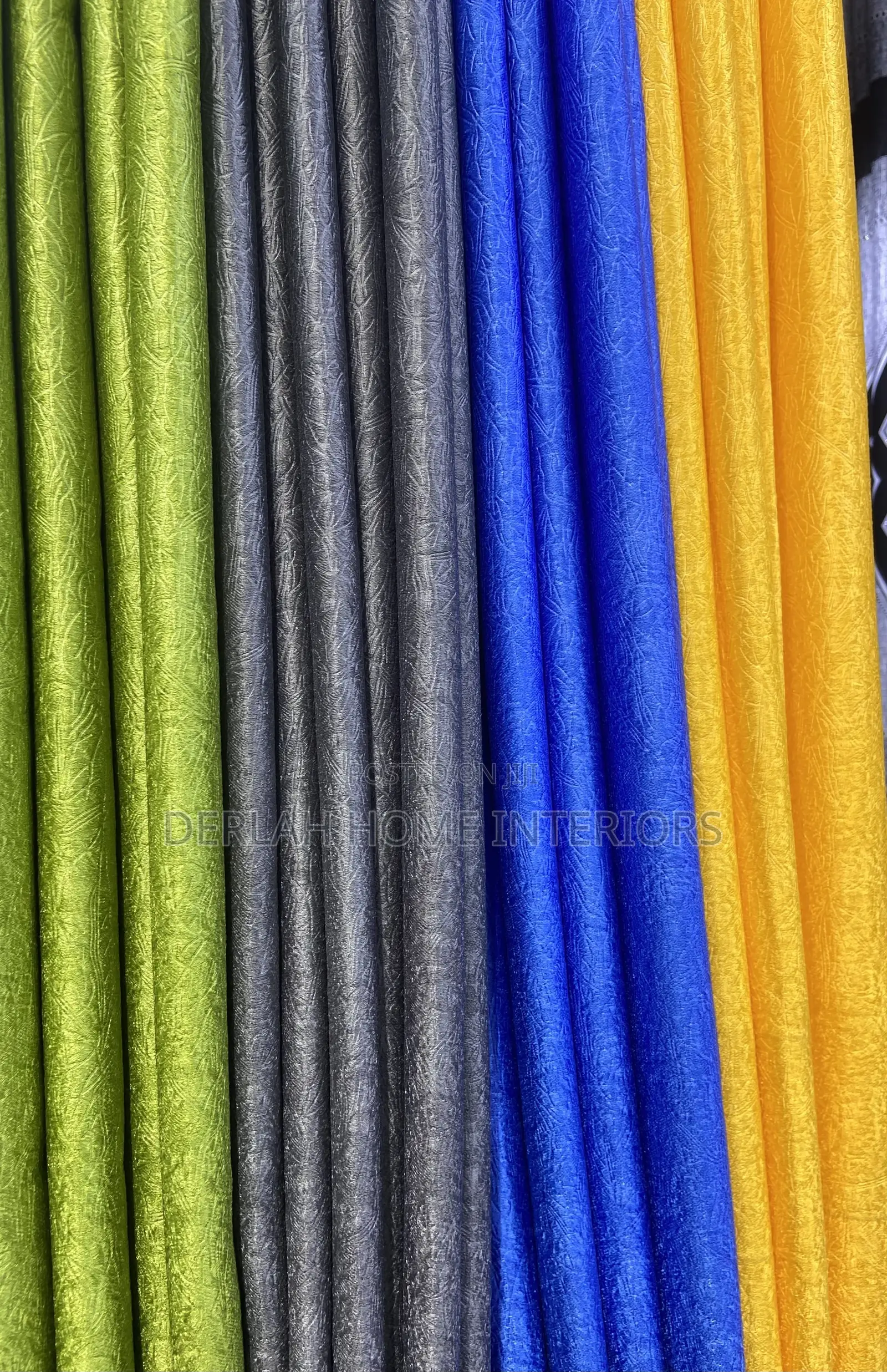 Curtains in Green Dark Grey Loyal Blue and Yellow