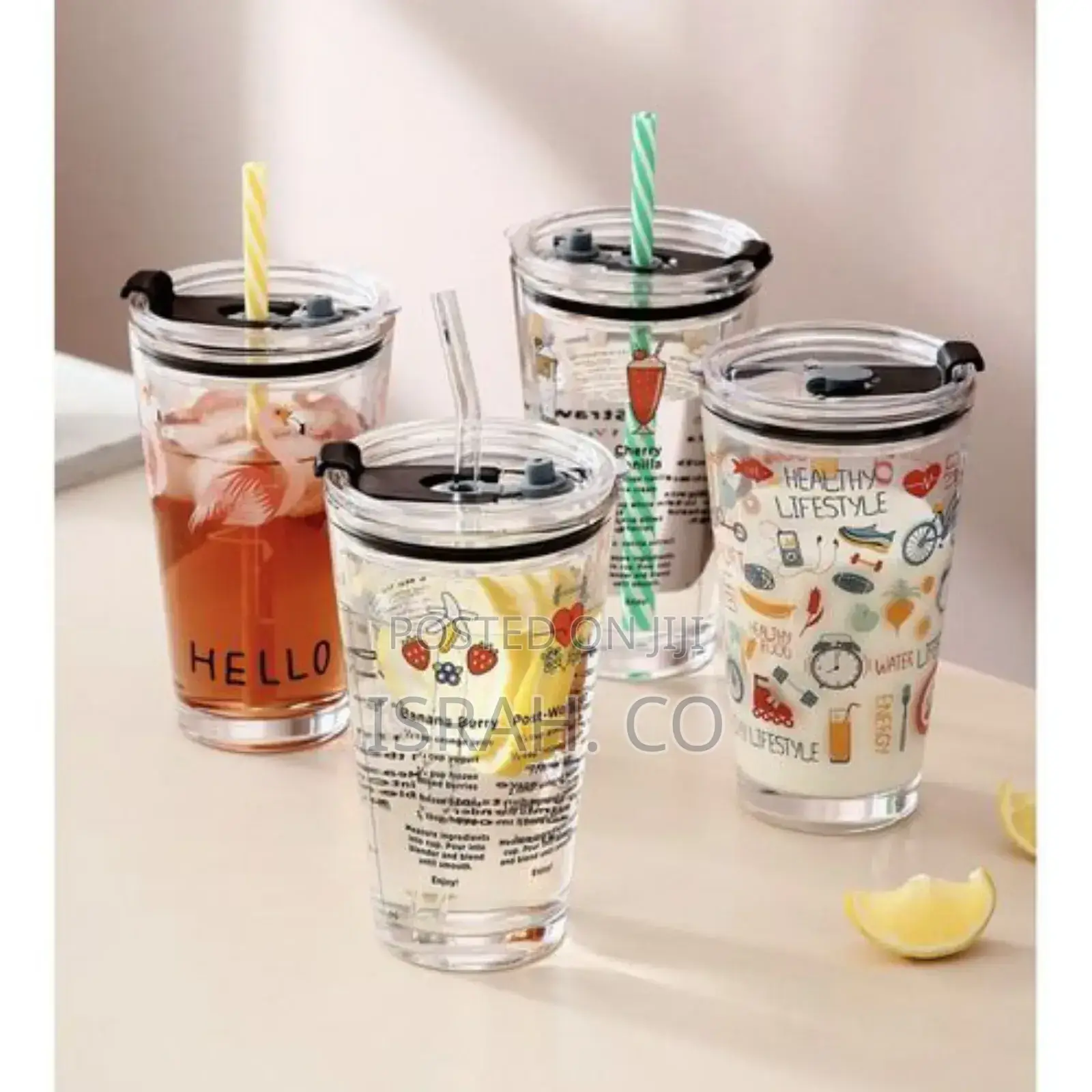 450ML Smoothie Cup, Glass Shake Tumbler With Plastic Lid