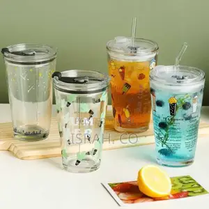 450ML Smoothie Cup, Glass Shake Tumbler With Plastic Lid