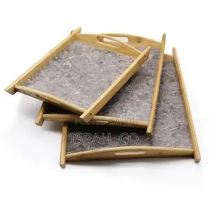 TRAY 3 Piece Heavy Marble, Bamboo Wooden Servingtrays, Grey