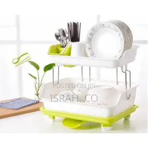 2 Layer Plastic Dish Drying Draining Rack Storage Tray-Green