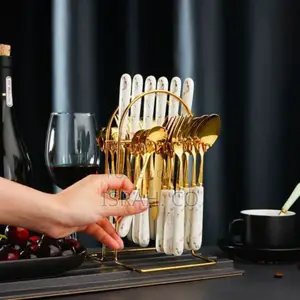 24pcs Gold Cutlery (Forks,Spoons Knieves) With Stand-
