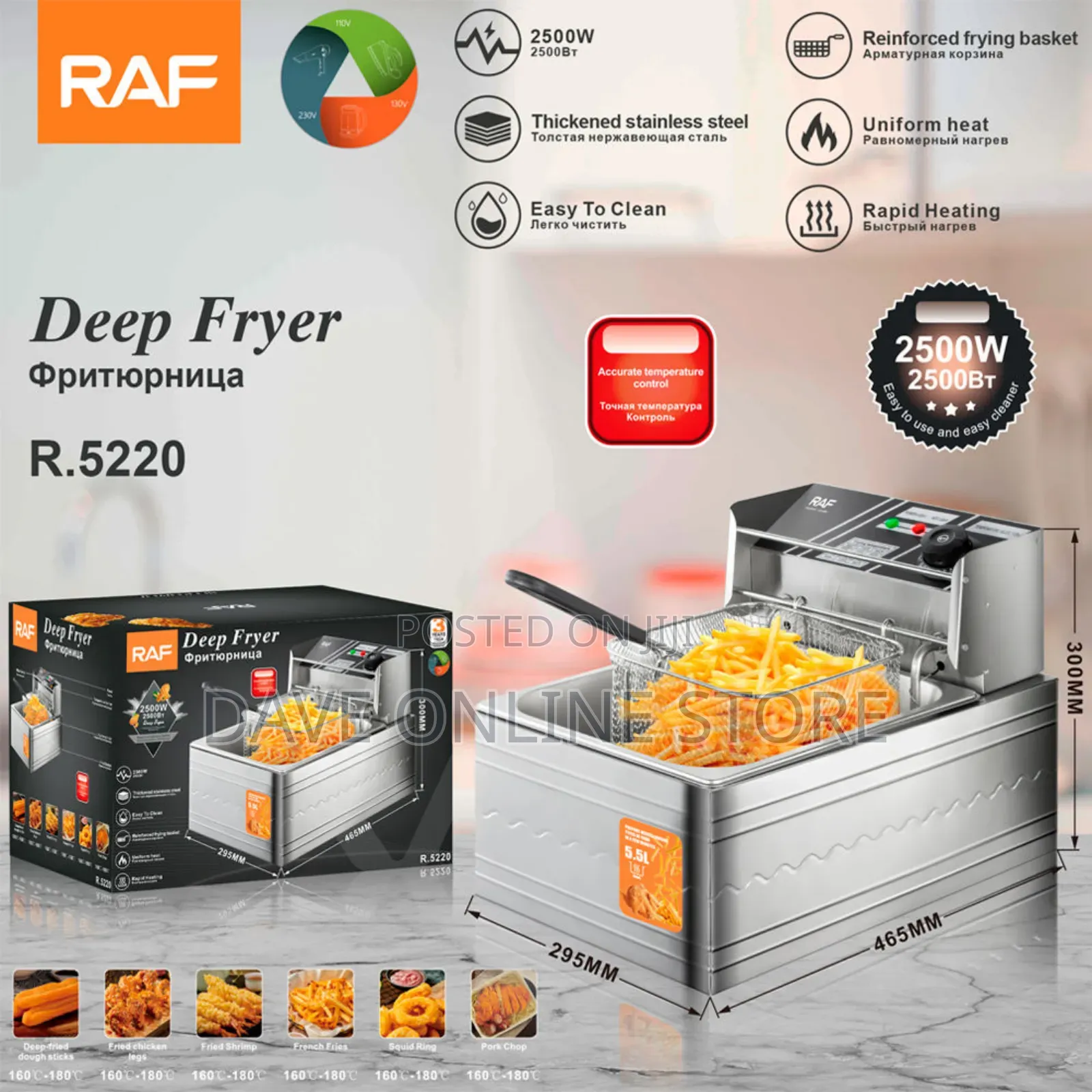 RAF Thickened Stainless Steel Big Capacity 5.5L Deep Fryer