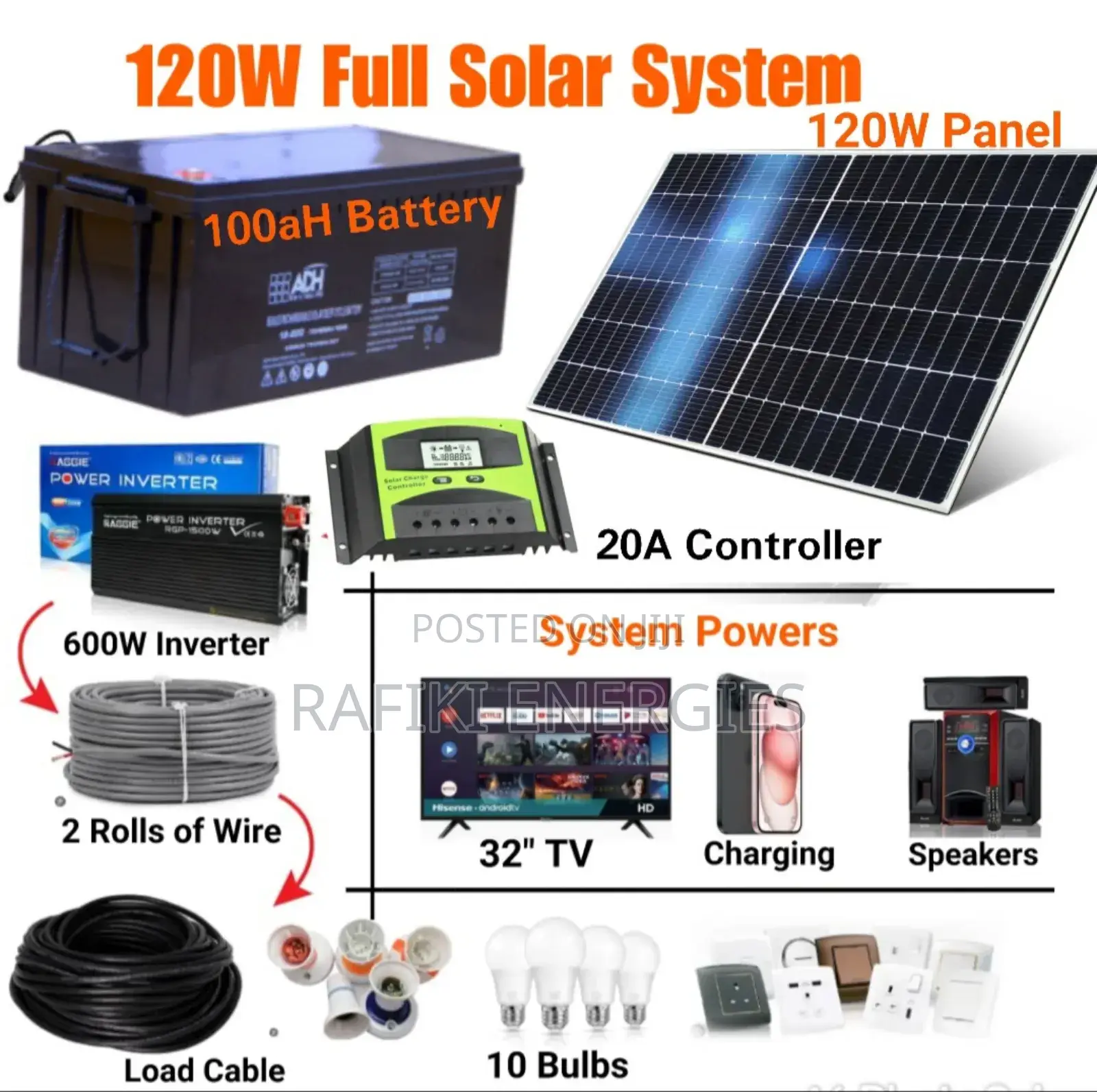 120W Full Solar System (120W Panel + 100ah Battery)