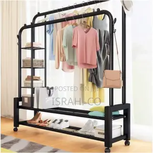 5 Tier Shelves Coat Rail 4 Hooks Double Pole Clothes Rack