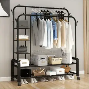 5 Tier Shelves Coat Rail 4 Hooks Double Pole Clothes Rack