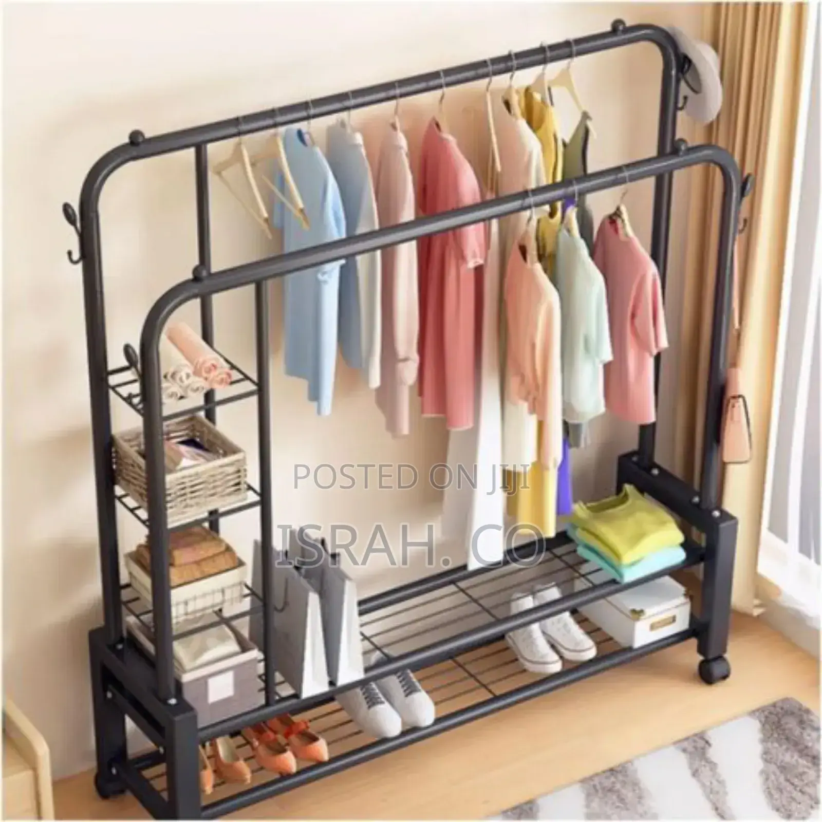 5 Tier Shelves Coat Rail 4 Hooks Double Pole Clothes Rack