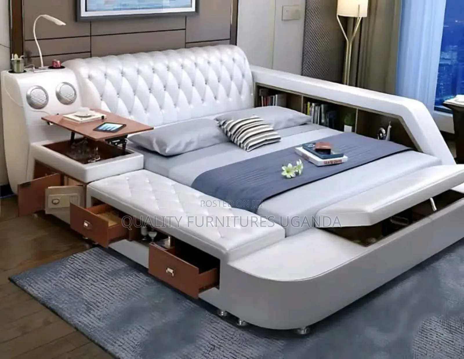 5x6 in Pure White Leather Tufted Bed
