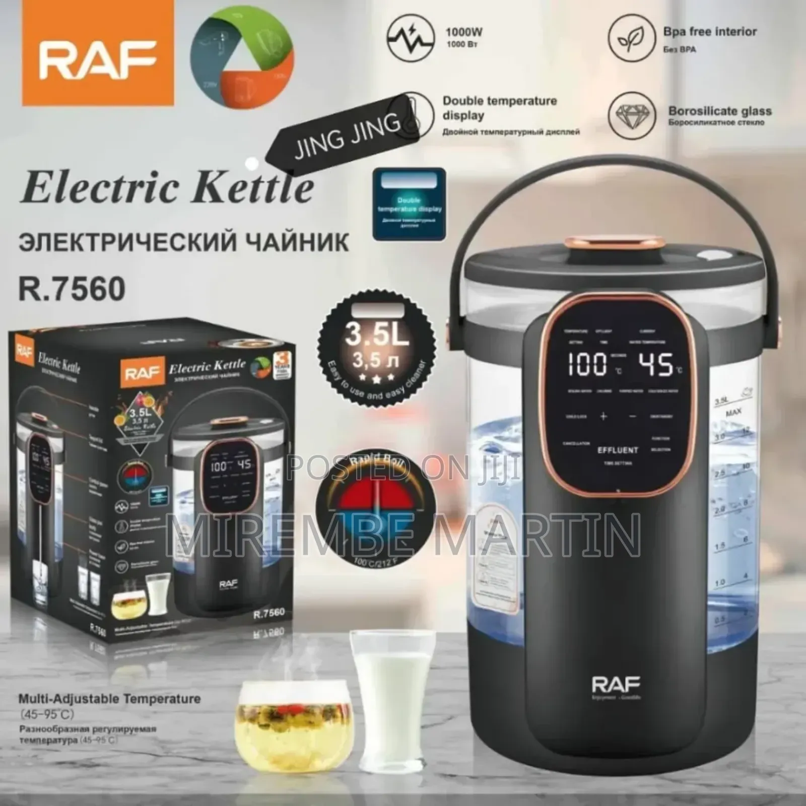 Electric Kettle 1000W 3.5L With Digital Display RAF R.7560