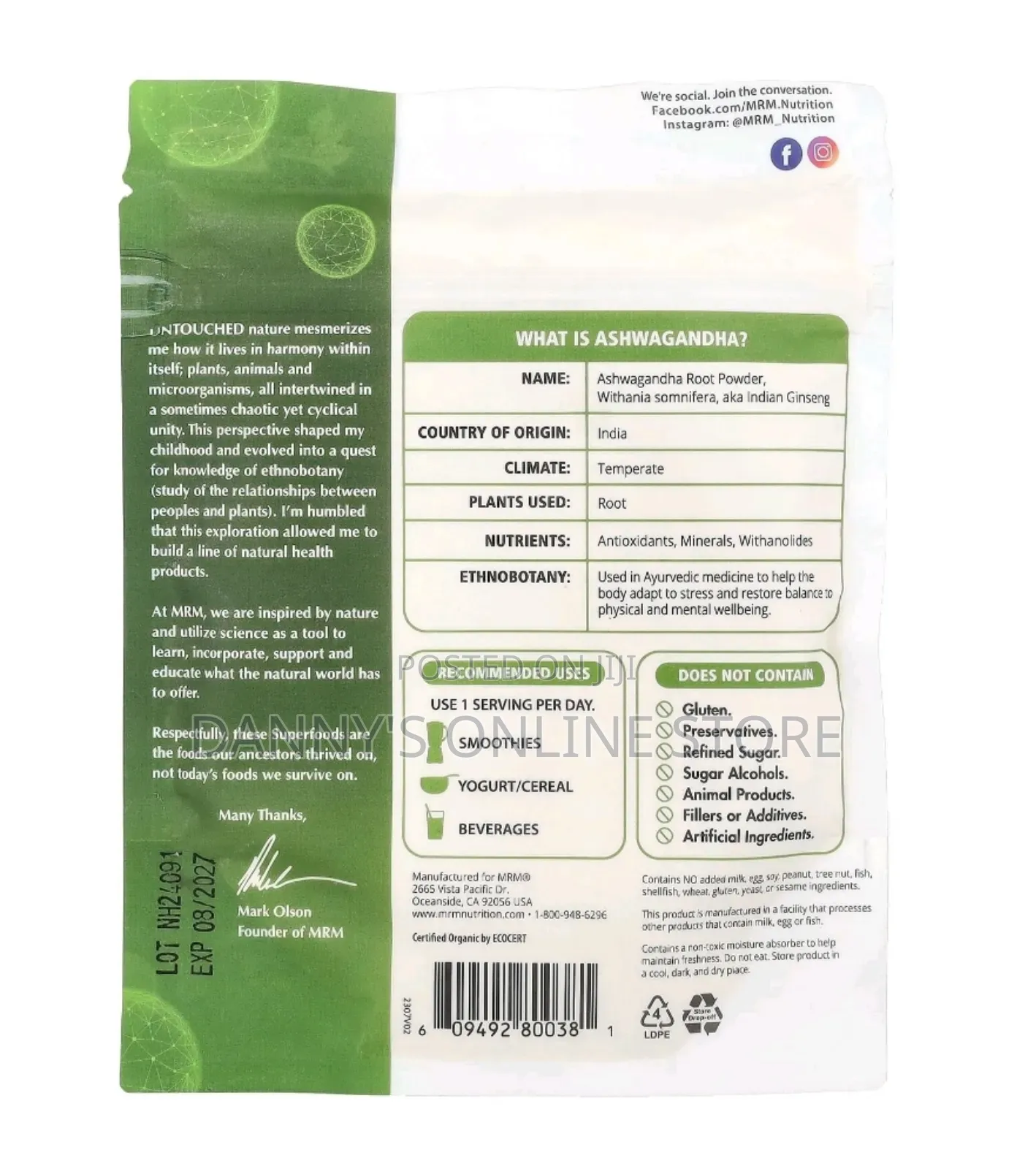 Organic Ashwagandha Root Powder, 113 Servings