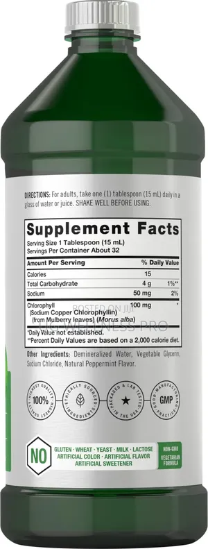 Liquid Chlorophyll 100mg Natural Peppermint Flavor Veg 473ml