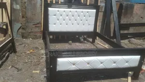 Flat Frame 5x6 White Leather Bed With Gold Buttons