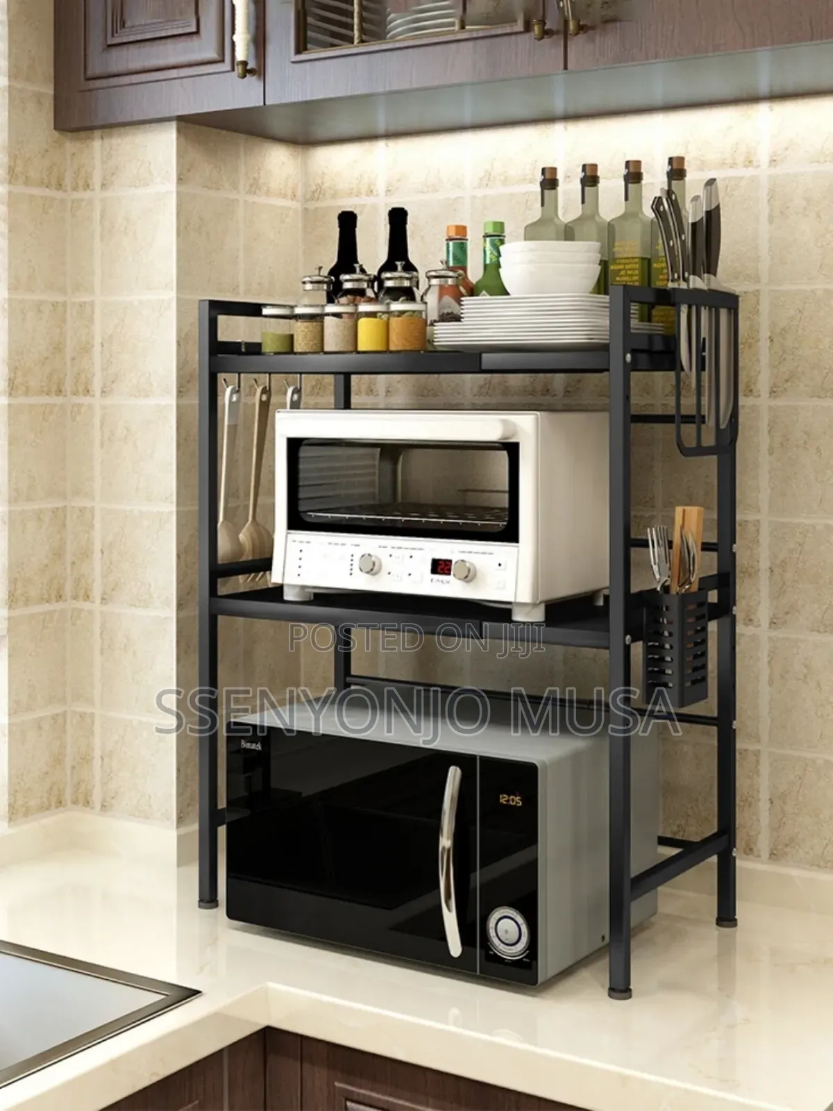 3-tier Microwave Oven Rack With Adjustable Shelf Hooks