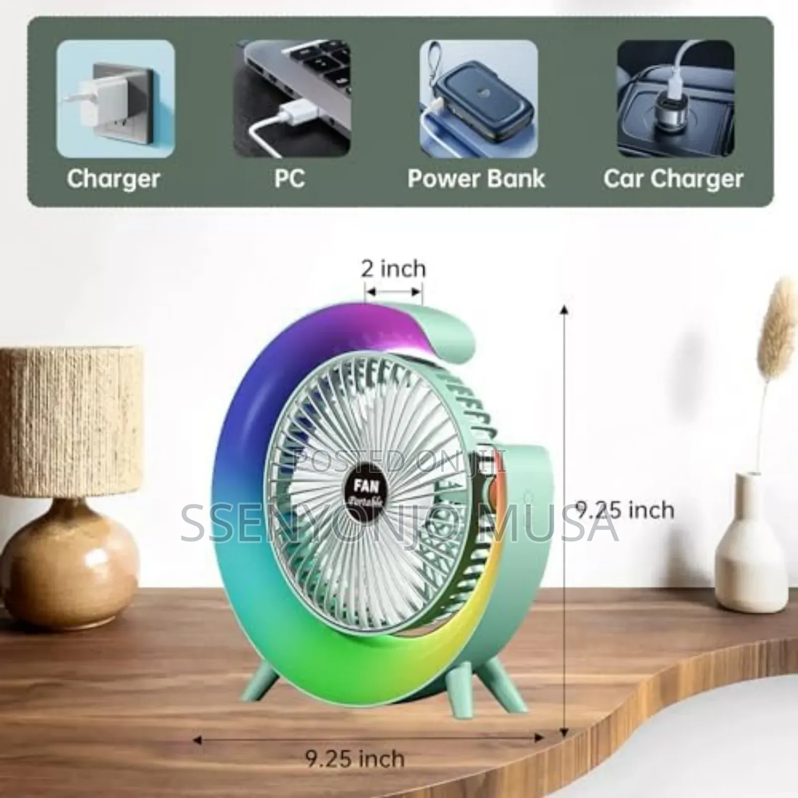 Usb Desk Fan- Silent,Powerful, Rechargeable With Led Light