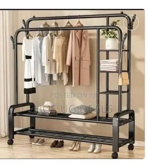5 Tier Clothes Rack Shelves With 4 Hooks Double Pole